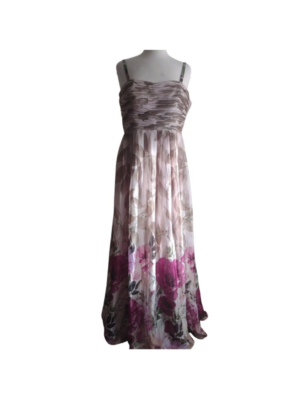 Adrianna Papell Floral Chiffon Formal Dress 12 Beige Magenta Glam Prom Dress - Picture 2 of 12